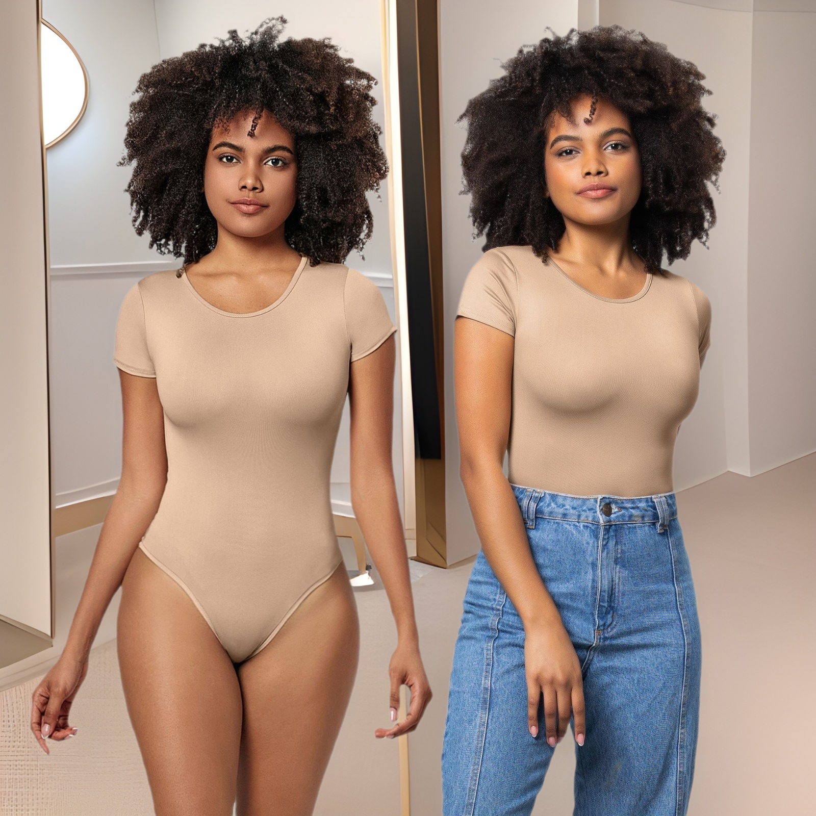 Womens Seamless Short Sleeve Bodysuit - Round Neck Thong Body Shaper